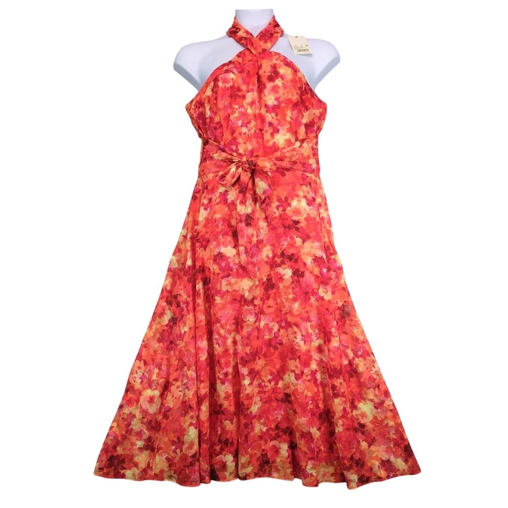 NWT Alex Marie Orange Pink Floral Maxi Dress Sz 14 Tropic Getaway Resort Beachy